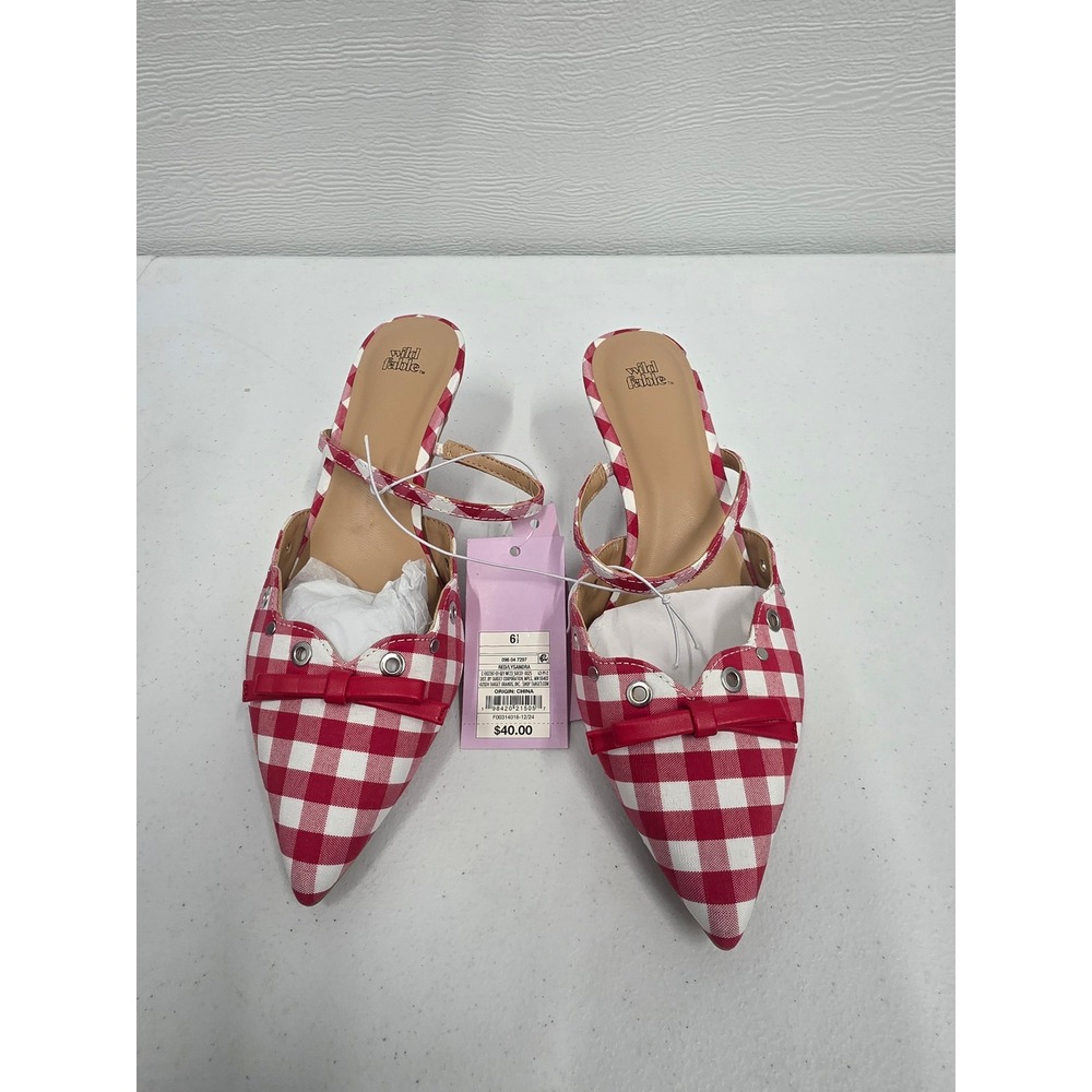 Wild Fable Red White Gingham Pointed Toe Kitten Heel Mules Bow Detail Size 6.5